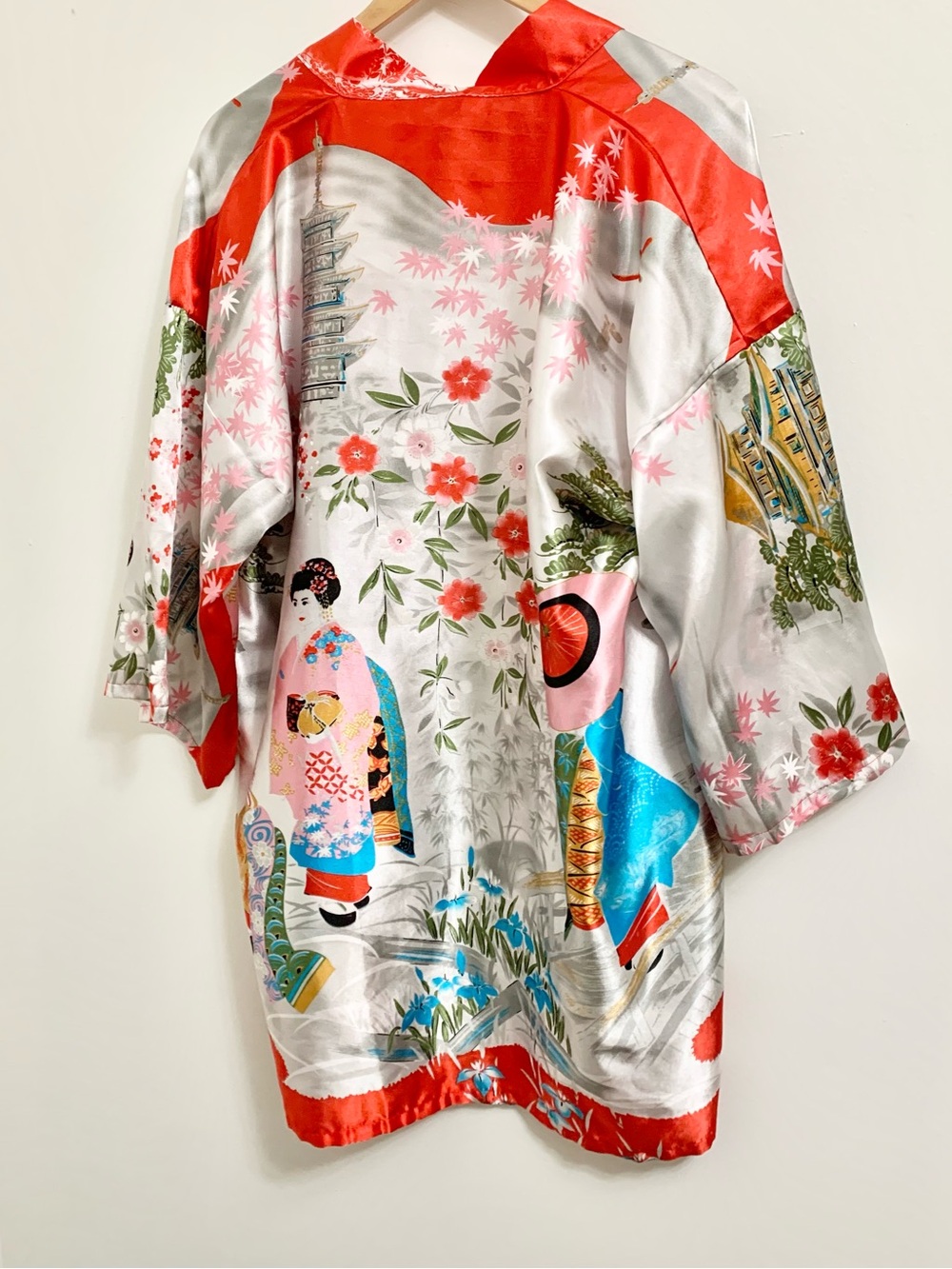Vintage Japanese Kimono Geisha Floral Satin Red Trim Belted 35” Long OSFM